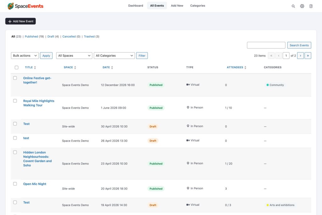 SpaceEvents Manage Events