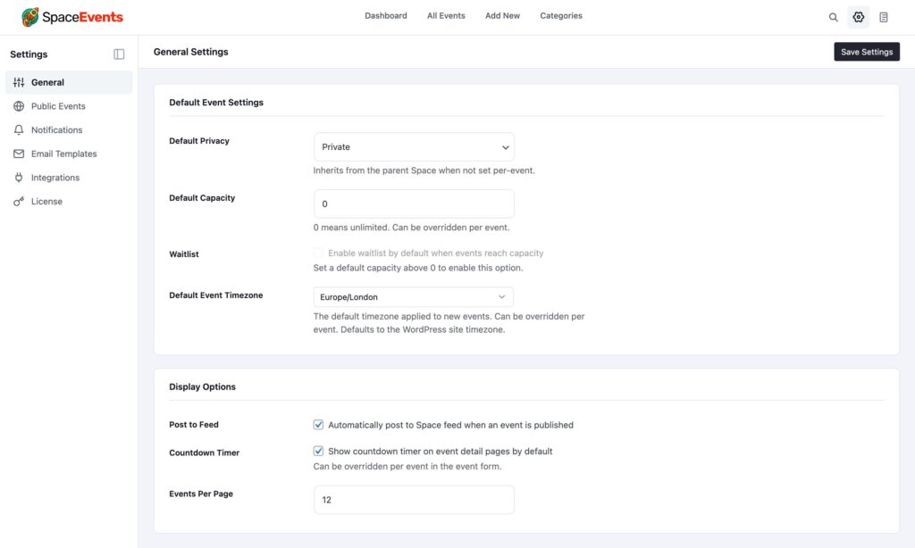 SpaceEvents Settings Overview