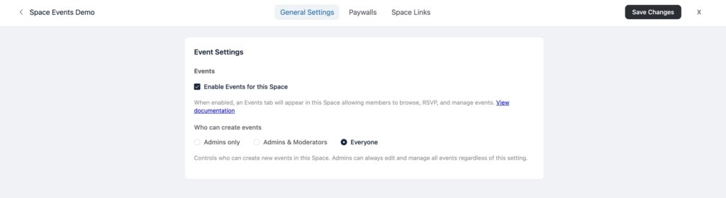 SpaceEvents Space Settings